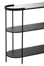 Grey Glass Top Console Table with Two-Tier Shelves and Black Metal Frame, Trento