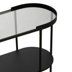 Grey Glass Top Console Table with Two-Tier Shelves and Black Metal Frame, Trento