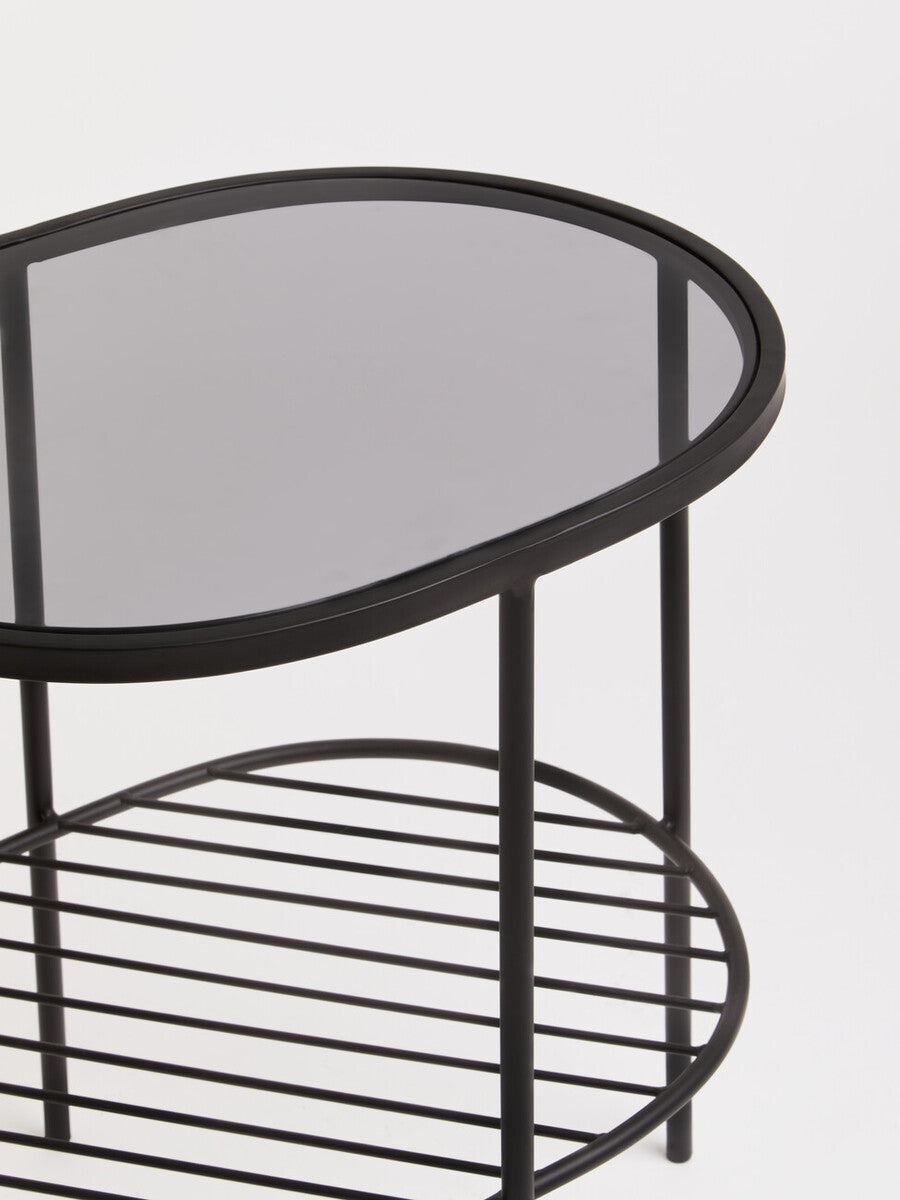 Grey Tempered Glass Side Table with Lower Metal Tier and Black Iron Frame | Trento