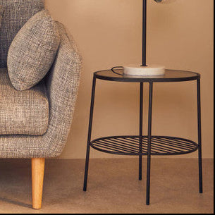 Grey Tempered Glass Side Table with Lower Metal Tier and Black Iron Frame | Trento