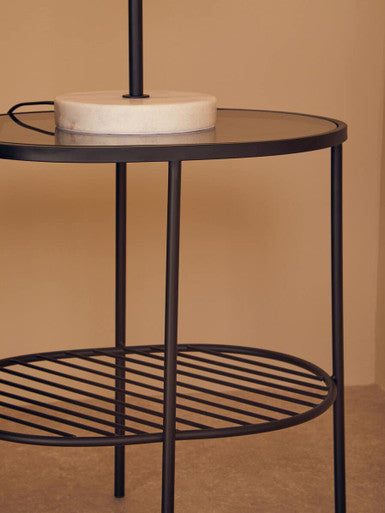Grey Tempered Glass Side Table with Lower Metal Tier and Black Iron Frame | Trento