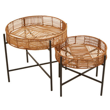 Set of 2 Natural Rattan Top Side Tables with Cross Black Metal Frame | Batu