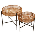 Set of 2 Natural Rattan Top Side Tables with Cross Black Metal Frame | Batu