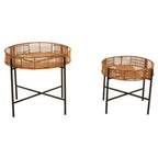 Set of 2 Natural Rattan Top Side Tables with Cross Black Metal Frame | Batu