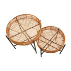Set of 2 Natural Rattan Top Side Tables with Cross Black Metal Frame | Batu