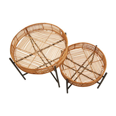 Set of 2 Natural Rattan Top Side Tables with Cross Black Metal Frame | Batu