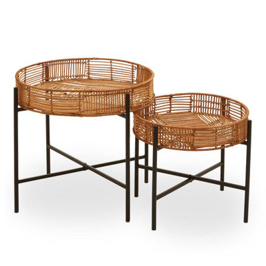 Set of 2 Natural Rattan Top Side Tables with Cross Black Metal Frame | Batu