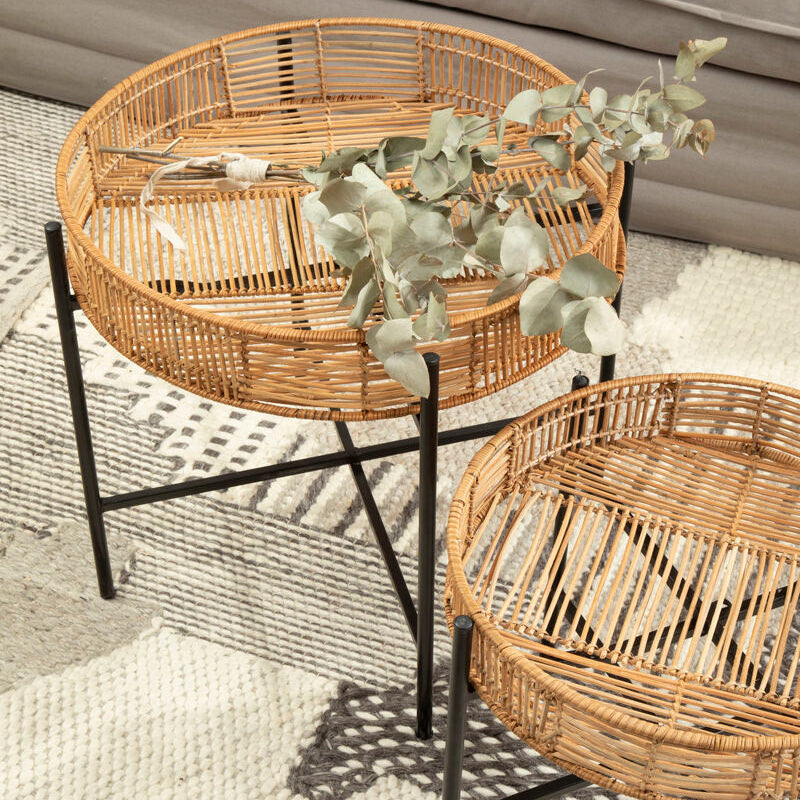 Set of 2 Natural Rattan Top Side Tables with Cross Black Metal Frame | Batu