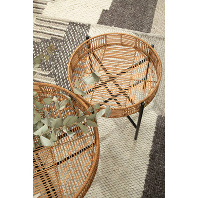 Set of 2 Natural Rattan Top Side Tables with Cross Black Metal Frame | Batu