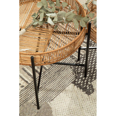 Set of 2 Natural Rattan Top Side Tables with Cross Black Metal Frame | Batu