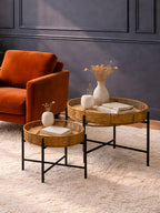 Set of 2 Natural Rattan Top Side Tables with Cross Black Metal Frame | Batu