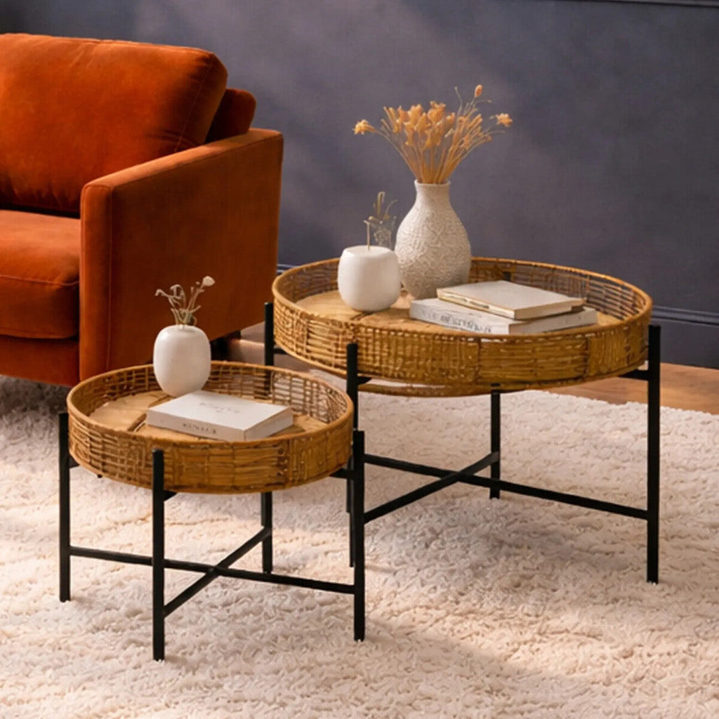 Set of 2 Natural Rattan Top Side Tables with Cross Black Metal Frame | Batu