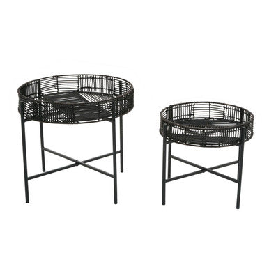 Set of 2 Black Rattan Top Side Tables with Cross Metal Frame | Batu