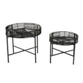 Set of 2 Black Rattan Top Side Tables with Cross Metal Frame | Batu