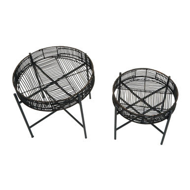 Set of 2 Black Rattan Top Side Tables with Cross Metal Frame | Batu
