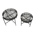 Set of 2 Black Rattan Top Side Tables with Cross Metal Frame | Batu