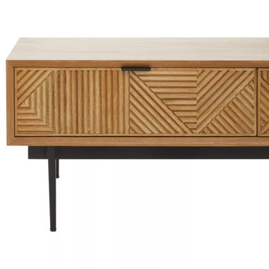 Natural Carved Effect 2-Drawer Coffee Table with Metal Legs | Jakara