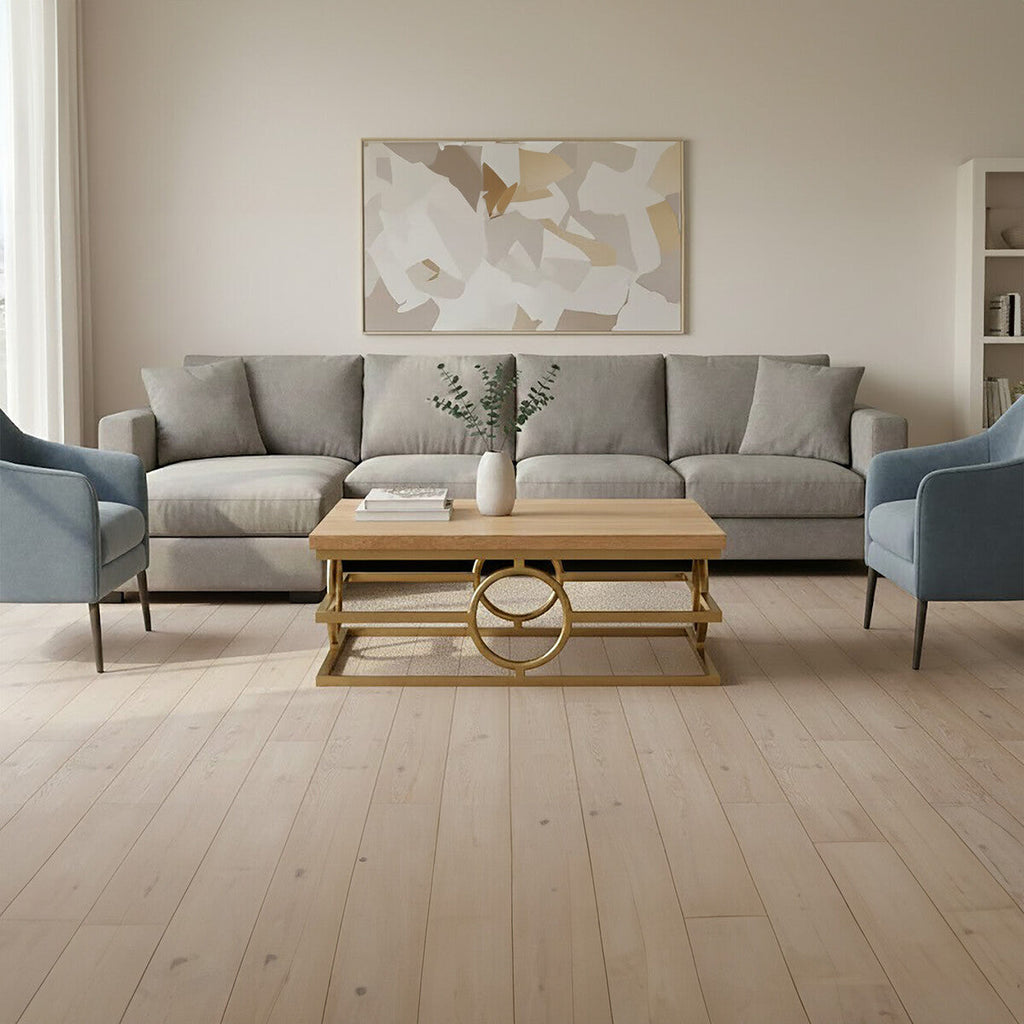 Natural Oak Wood Rectangular Coffee Table with Gold Finish | Jarloi