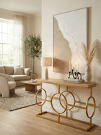 Natural Oak Wood Rectangular Console Table with Gold Finish | Jarloi