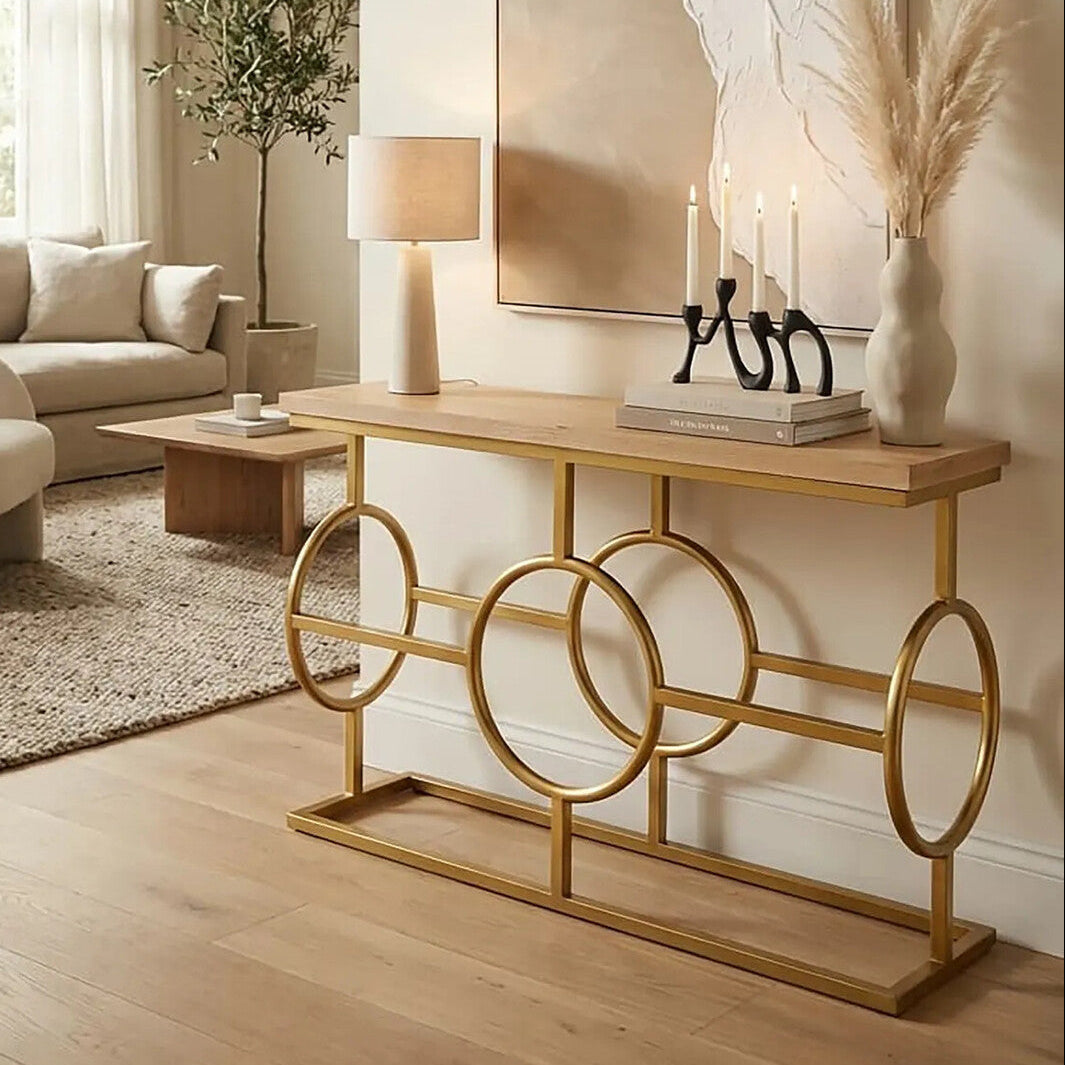 Natural Oak Wood Rectangular Console Table with Gold Finish | Jarloi
