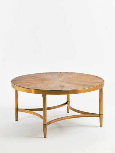 Gold Aged Fir Wood Rustic Top Coffee Table with Stainless Steel Curved Base | Jana