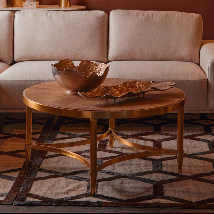Gold Aged Fir Wood Rustic Top Coffee Table with Stainless Steel Curved Base | Jana