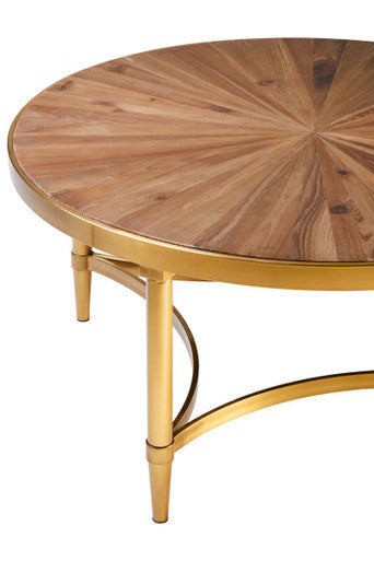 Gold Aged Fir Wood Rustic Top Coffee Table with Stainless Steel Curved Base | Jana