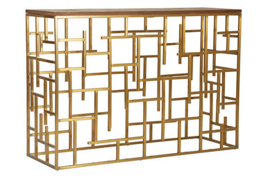 Gold Rectangular Aged Fir Wood Rustic Top Console Table with Stainless Steel Frame, Jana