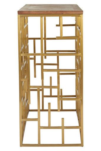 Gold Rectangular Aged Fir Wood Rustic Top Console Table with Stainless Steel Frame, Jana