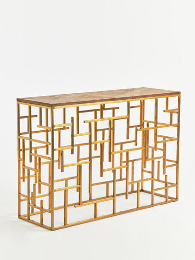 Gold Rectangular Aged Fir Wood Rustic Top Console Table with Stainless Steel Frame, Jana