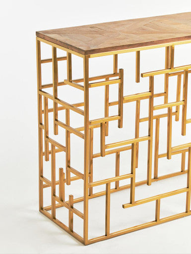 Gold Rectangular Aged Fir Wood Rustic Top Console Table with Stainless Steel Frame, Jana