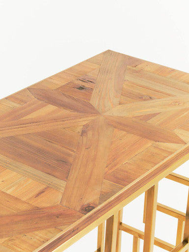 Gold Rectangular Aged Fir Wood Rustic Top Console Table with Stainless Steel Frame, Jana
