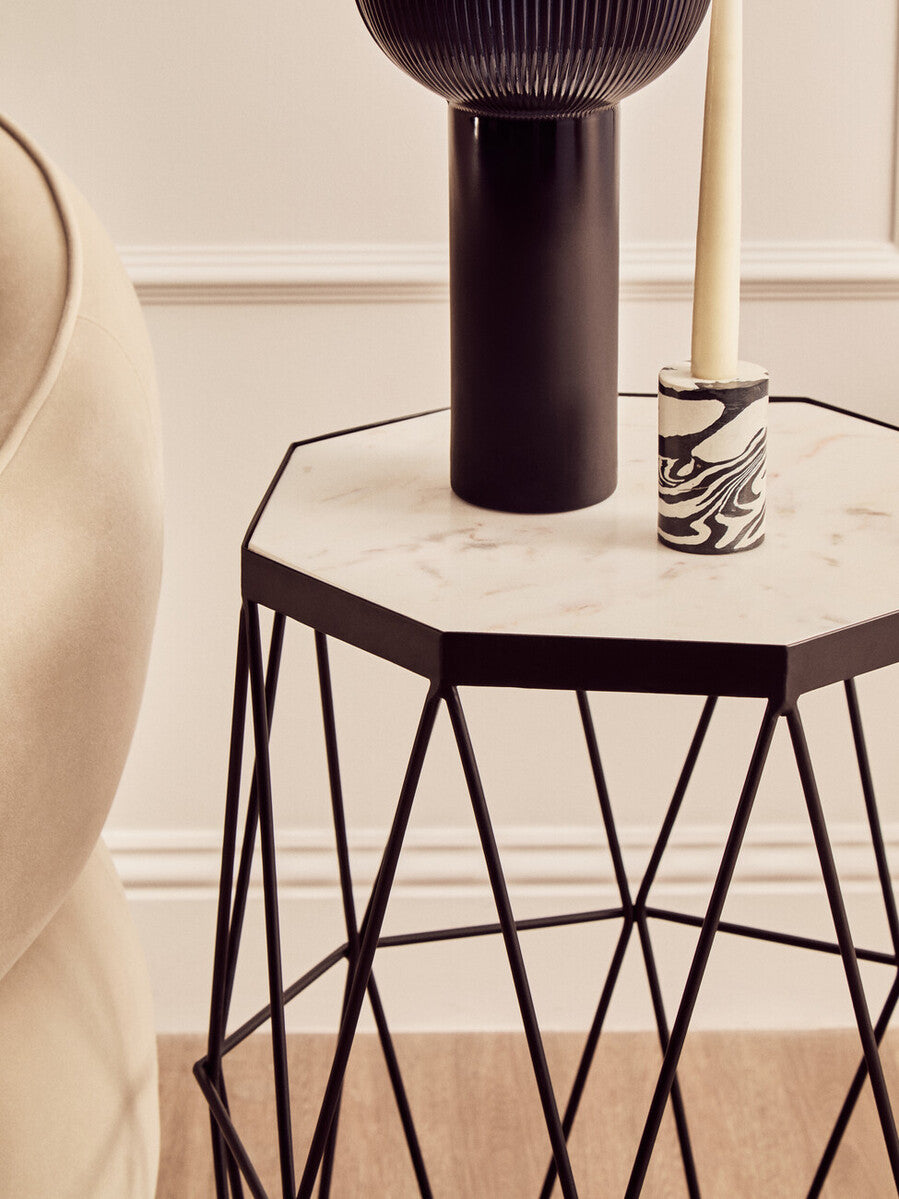 Black Angular Iron Frame Side Table with White Marble Top | Shalimar