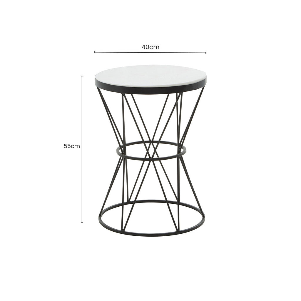White Marble Top Side Table with Black Triangular Iron Base | Shalimar