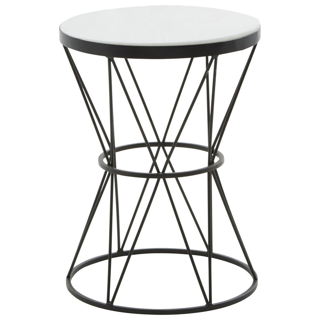 White Marble Top Side Table with Black Triangular Iron Base | Shalimar