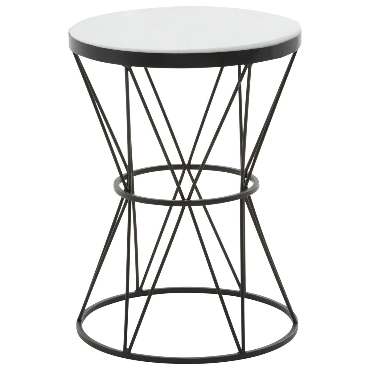 White Marble Top Side Table with Black Triangular Iron Base | Shalimar