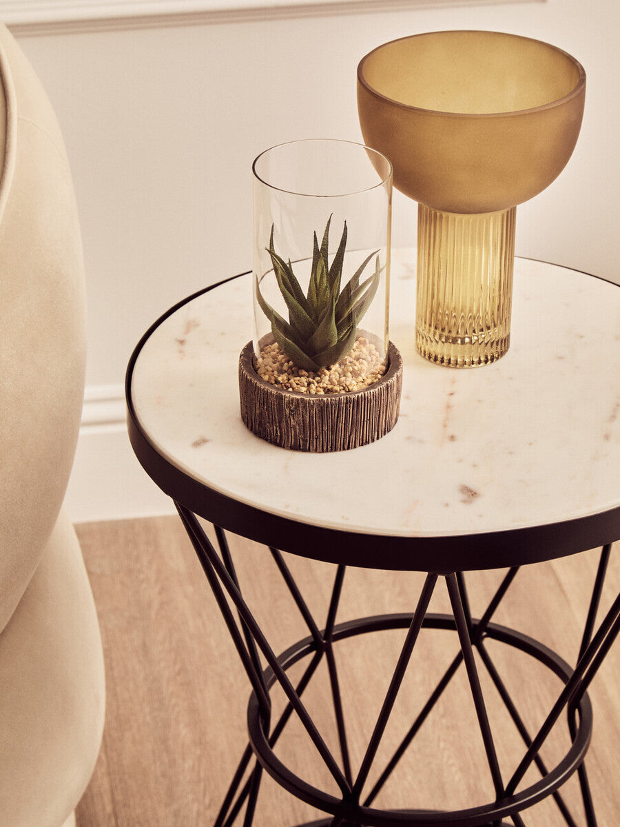 White Marble Top Side Table with Black Triangular Iron Base | Shalimar