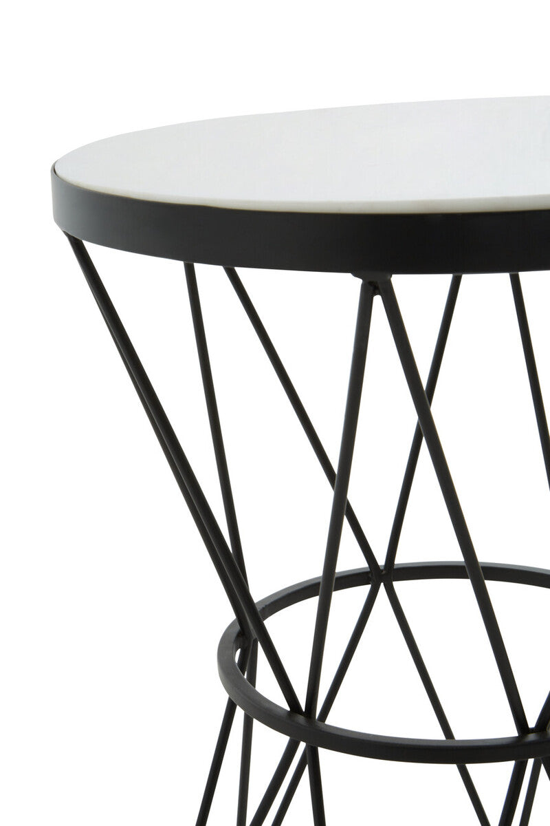 White Marble Top Side Table with Black Triangular Iron Base | Shalimar