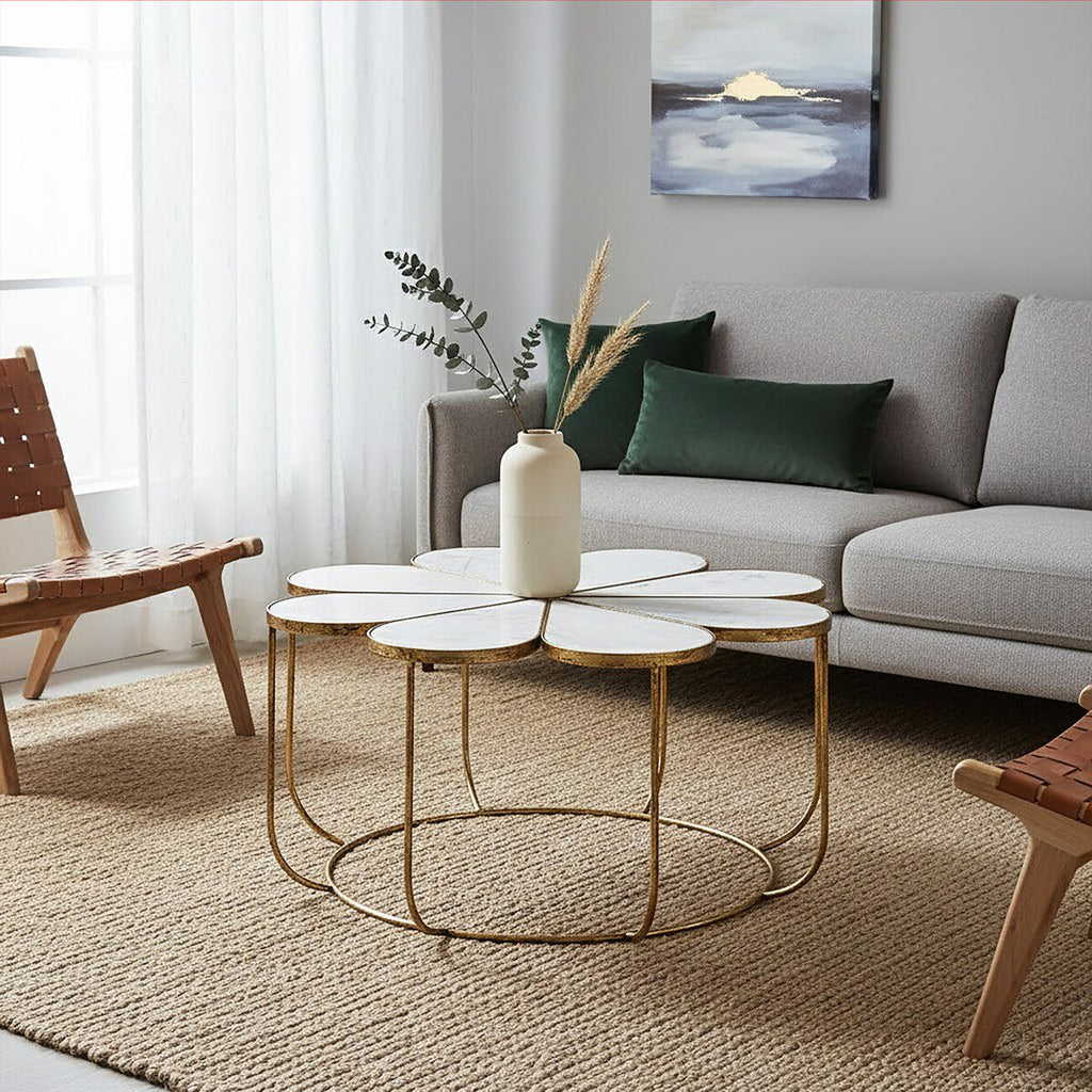 White Polished Marble Top Coffee Table with Petal Design Openwork Base | Rabia