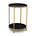 Blue Enamel Metal Two-Tier Side Table with Brass Finish Frame, Rabia