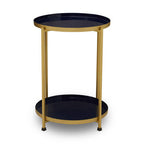 Blue Enamel Metal Two-Tier Side Table with Brass Finish Frame, Rabia