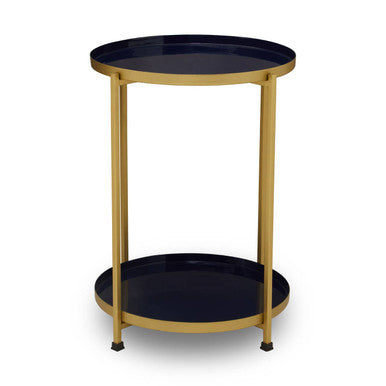 Blue Enamel Metal Two-Tier Side Table with Brass Finish Frame, Rabia