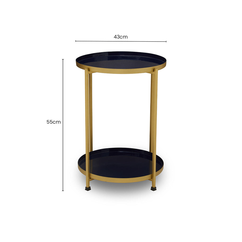 Blue Enamel Metal Two-Tier Side Table with Brass Finish Frame, Rabia