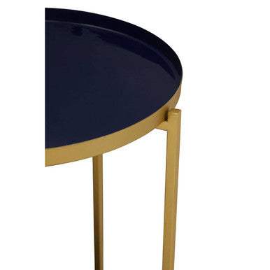 Blue Enamel Metal Two-Tier Side Table with Brass Finish Frame, Rabia