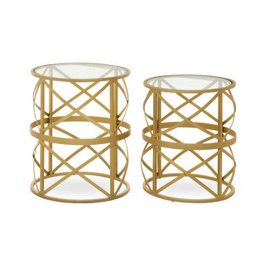 Gold Mirrored Top Set of 2 Side Table with Diamond Pattern Frames | Rabia