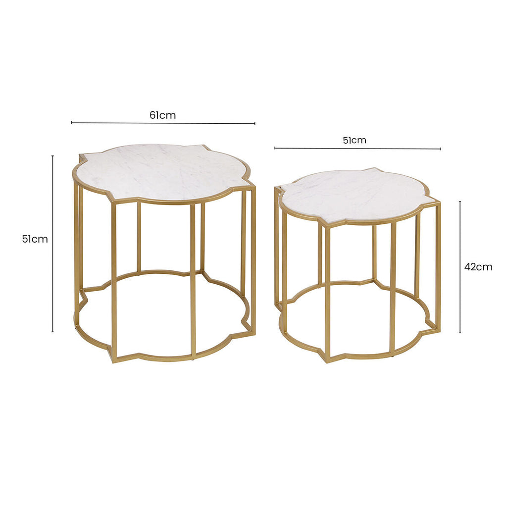 White Marble Quatrefoil Top Set of 2 Side Table with Brass Finish Frames | Rabia