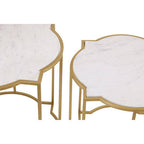 White Marble Quatrefoil Top Set of 2 Side Table with Brass Finish Frames | Rabia