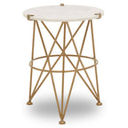 White Rounded Marble Top Side Table with Gold Brass Finish Intersecting Legs, Rabia