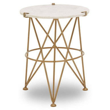 White Rounded Marble Top Side Table with Gold Brass Finish Intersecting Legs, Rabia