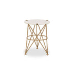 White Rounded Marble Top Side Table with Gold Brass Finish Intersecting Legs, Rabia
